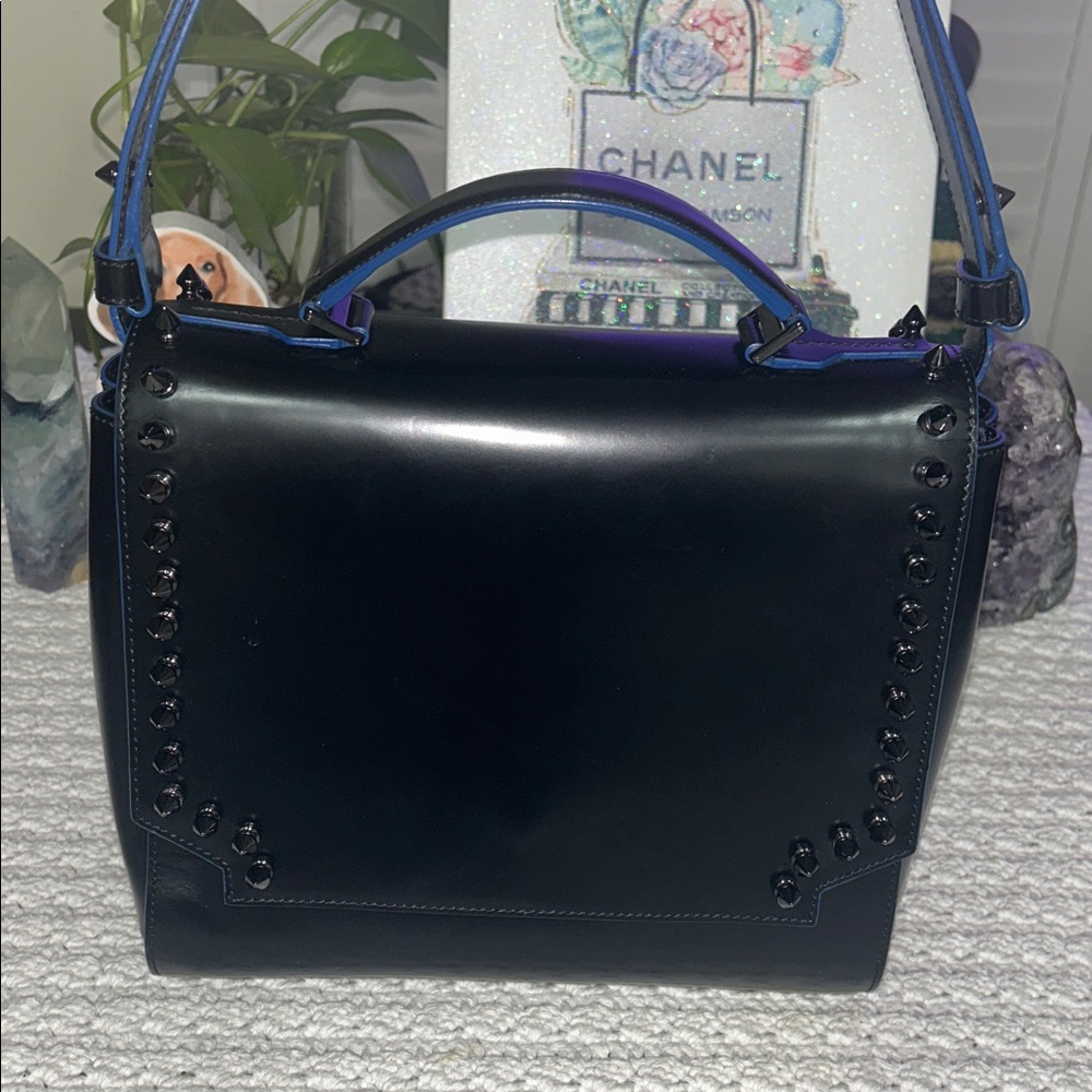 MCM Patricia Studded Leather Shoulder Bag – Black with Blue Edge Trim